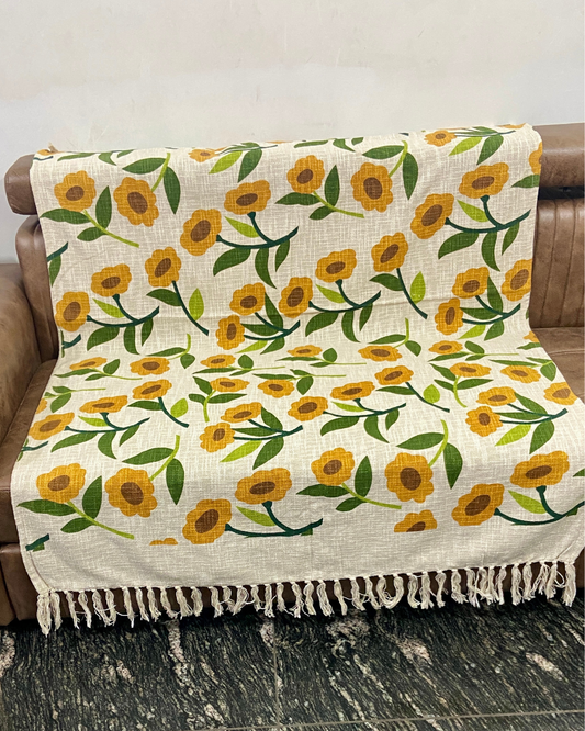 Premium Sunflower Print Sofa Throw | Off-White Slub Cotton Sofa Cover