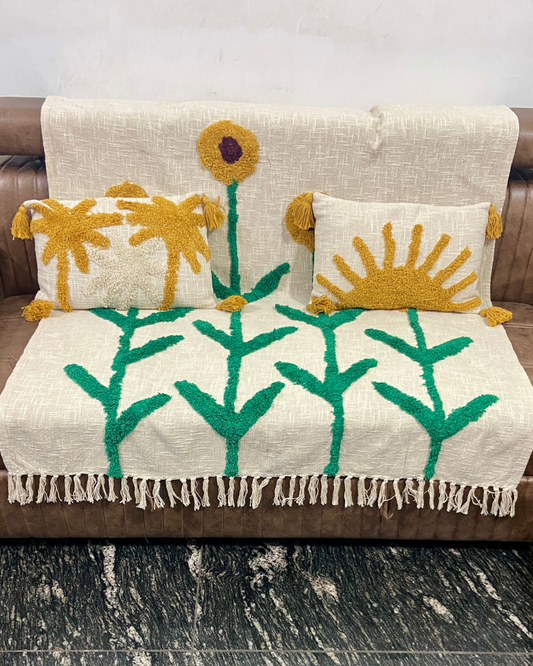 Premium 3D Tufted Sunflower Sofa Throw | Premium Slub Cotton Sofa Cover
