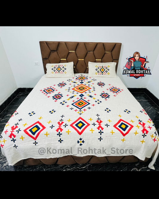 Premium Hand-Embroidered Slub Cotton Bedsheet Set