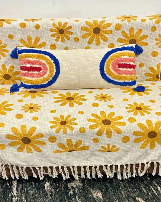 Premium Daisy Print Sofa Throw | Off-White Slub Cotton Sofa Cover