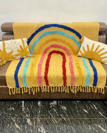 Rainbow Tufted Sofa Throw for Living Room | Premium Slub Cotton Sofa Cover