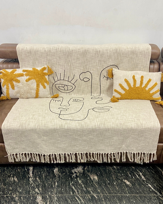 Premium Abstract Face Design Sofa Throw | Soft Slub Cotton Living Room Decor